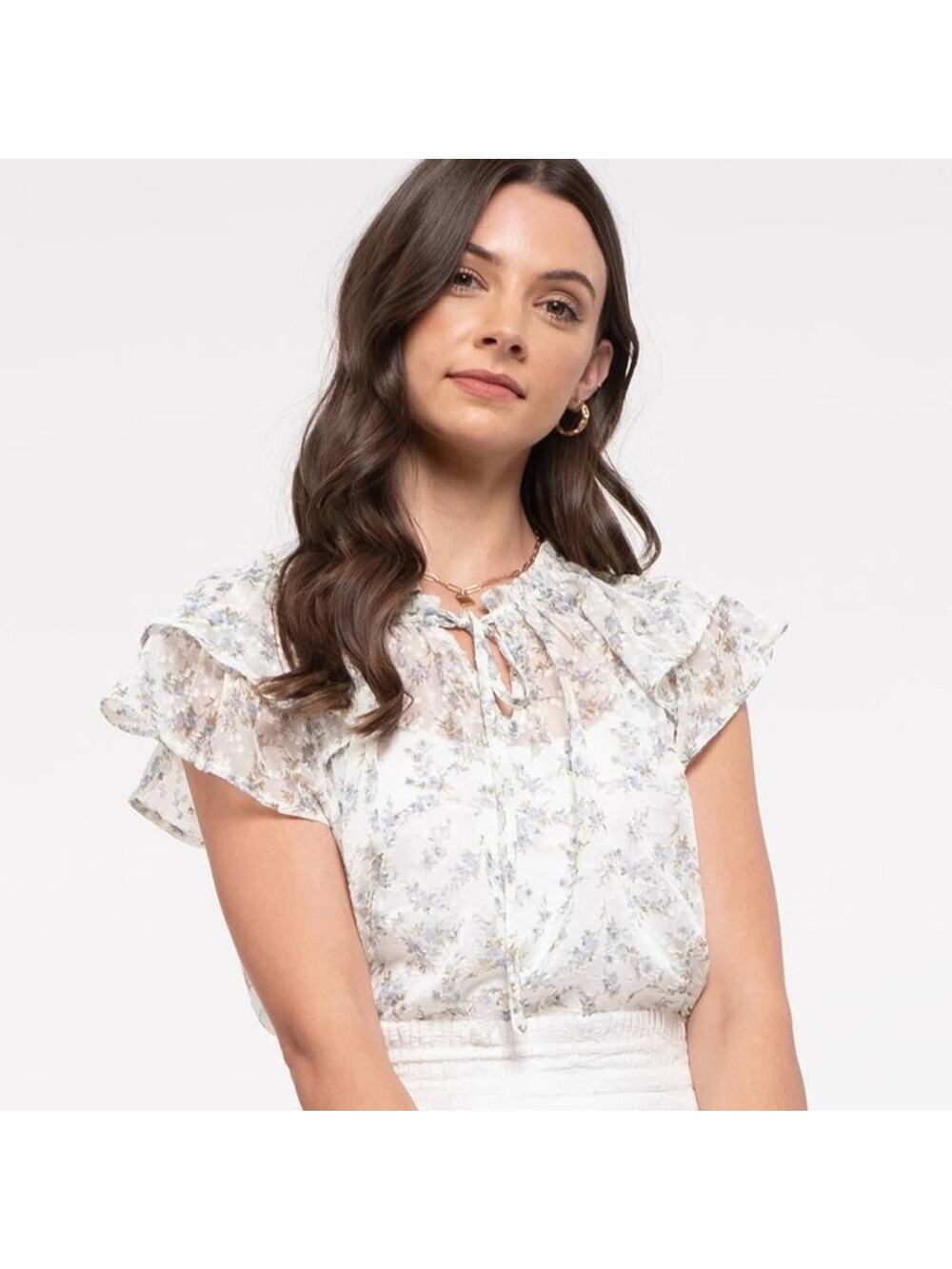 Floral Double Ruffle Sleeve Top Size Medium